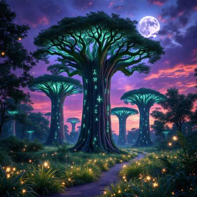 The primary subject of the image is a group of three tall, glowing trees with green leaves. They are situated in a forest, surrounded by other trees. The setting appears to be a nighttime forest, with the trees illuminated by a soft, blue light. The visual style of the image is a digital art or illustration, creating a surreal and magical atmosphere. The dominant colors are green and blue, with the glowing trees adding a sense of wonder and enchantment to the scene.